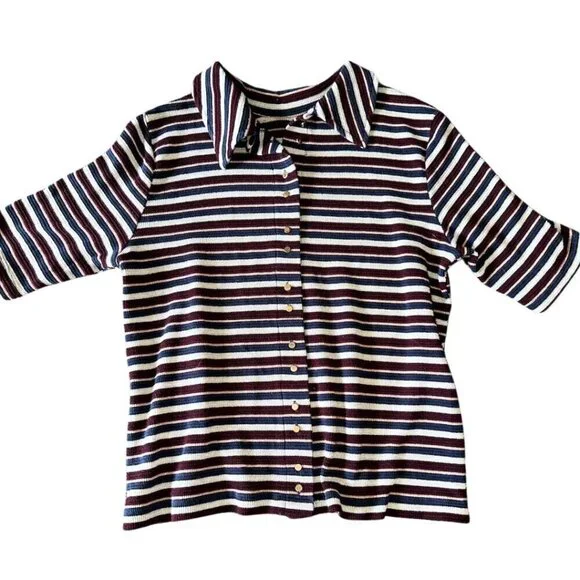 Gray burgundy navy VILA striped vintage button down tee - Picture 2 of 16